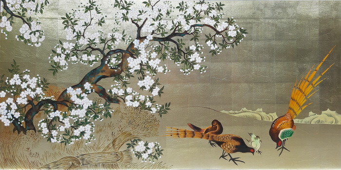 狩野山楽、梅に山鳥図襖絵、超希少・大判画集画、新品高級額装付 狩野山楽、梅に山鳥図襖絵、超希少・大判画集画、新品高級額装付