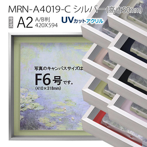 油彩額縁　MRN-A4019-C　シルバー（高さ50mm）　A2(594&times;420)　13mmネジ付 （UVカットアクリル仕様・アルミ製・油絵用額縁・キャンバス用フレーム）｜マルニ額縁画材店　店