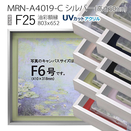 油彩額縁　MRN-A4019-C　シルバー（高さ50mm）　F25 号(803&times;652)　13mmネジ付 （UVカットアクリル仕様・アルミ製・油絵用額縁・キャンバス用フレーム）｜マルニ額縁画材店　店