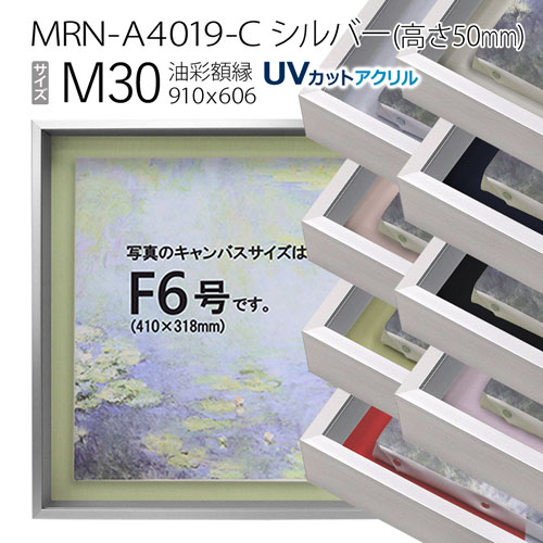 油彩額縁 MRN-A4019-C シルバー(高さ50mm) M30 号(910×606) 13mmネジ付 (UVカットアクリル仕様・アルミ製・油絵用額縁・キャンバス用フレーム)|マルニ額縁画材店 店