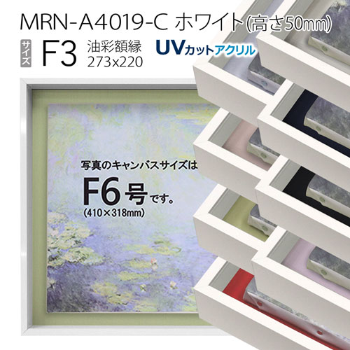 油彩額縁 MRN-A4019-C ホワイト(高さ50mm) F3 号(273×220) 13mmネジ付 (UVカットアクリル仕様・アルミ製・油絵用額縁・キャンバス用フレーム)