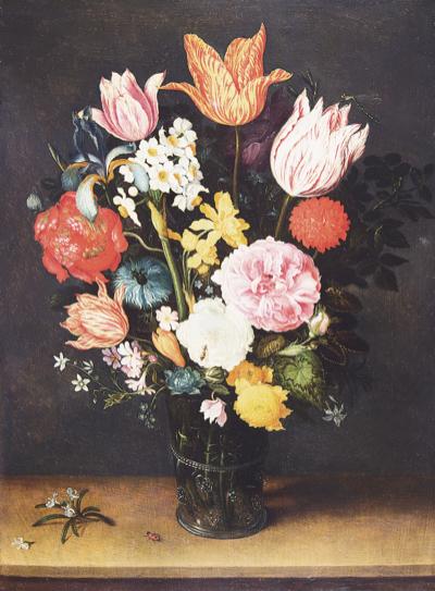 手描き 油絵 複製画　ヤン・ブリューゲル「机上の花瓶に入ったチューリップと薔薇」 額付き 送料無料