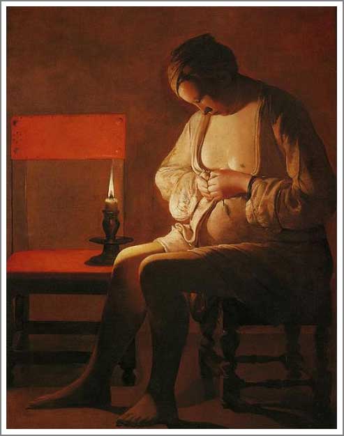 手描き 油絵 複製画 ジョルジュ・ド・ラトゥール「蚤をとる女」 F6(41.0×31.8cm) サイズ 額付き 送料無料|絵画販売のアート名画館