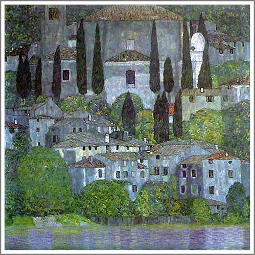 GUSTAV　KLIMT、クリムト、アッター湖畔ウンテラアッハの森の坂道 アッター湖畔のウンターアッハ教会 | グスタフ・クリムト Gustav