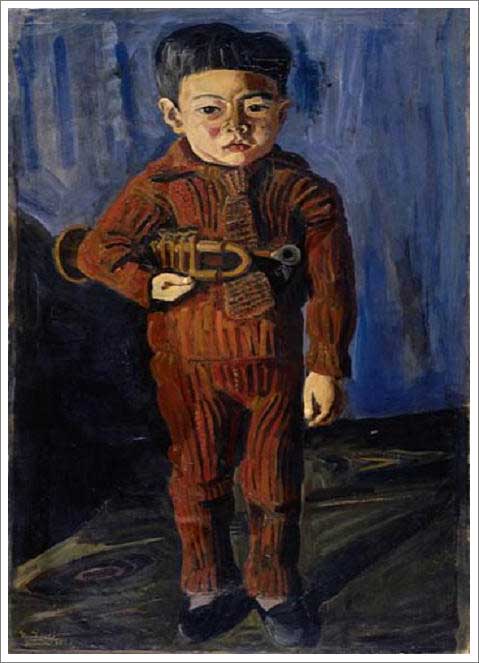 手描き 油絵 複製画　小出楢重「ラッパを持てる少年」 額付き 送料無料
