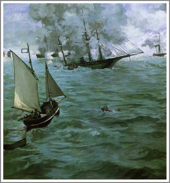 手描き 油絵 複製画 エドゥアール・マネ「キアサージ号とアラバマ号の海戦」 F6(41.0×31.8cm)サイズ 額付き 送料無料|絵画販売のアート名画館