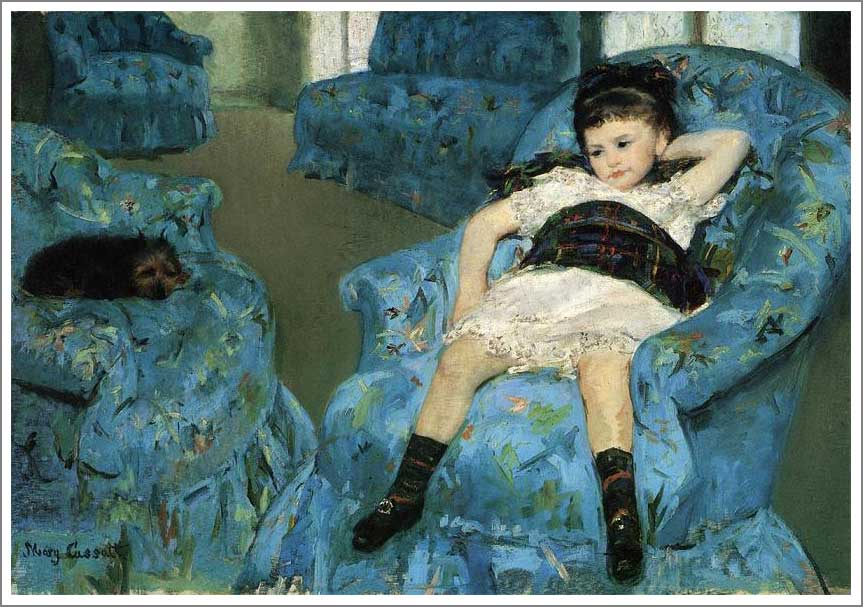 手描き 油絵 複製画 メアリー・カサット「青い肘掛け椅子の上の少女」 F6(41.0×31.8cm)サイズ 額付き 送料無料|絵画販売のアート名画館