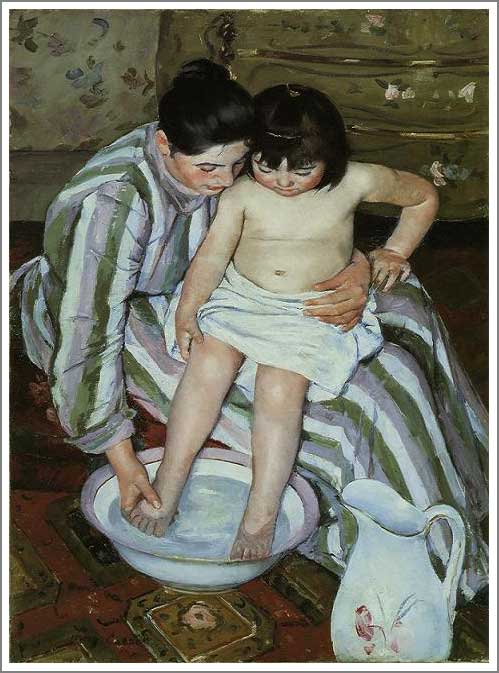 手描き 油絵 複製画　メアリー・カサット「沐浴」 額付き 送料無料｜絵画販売のアート名画館