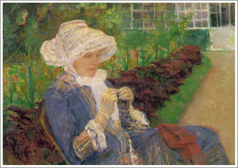手描き 油絵 複製画 メアリー・カサット「マルリーの庭で編物をするリディア」 F6(41.0&times;31.8cm)サイズ 額付き 送料無料｜絵画販売のアート名画館