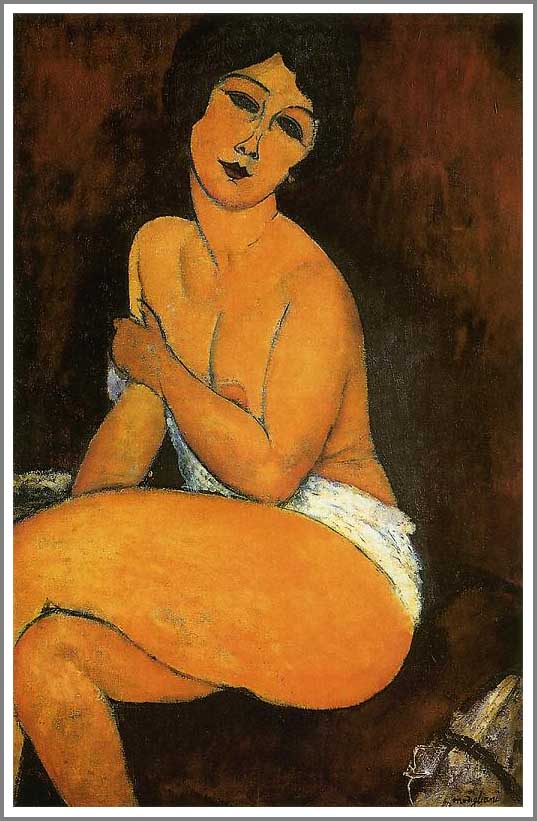 手描き 油絵 複製画 アメデオ・モディリアーニ「椅子の上にいる裸婦」 F6(41.0×31.8cm)サイズ 額付き 送料無料|絵画販売のアート名画館