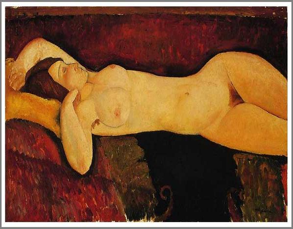 手描き 油絵 複製画アメデオ・モディリアーニ「横たわる大きな裸婦」 額付き 送料無料｜絵画販売のアート名画館