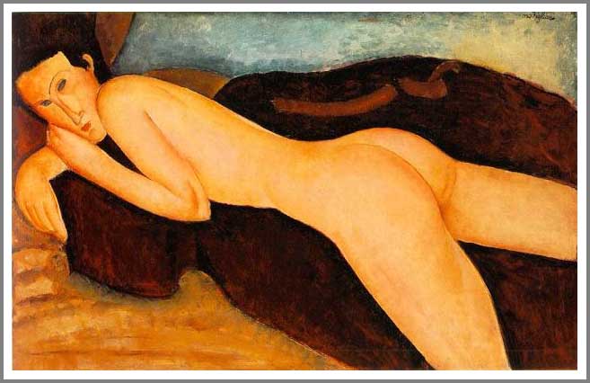 手描き 油絵 複製画 アメデオ・モディリアーニ「背中を向けた横たわる裸婦」 F6(41.0×31.8cm)サイズ 額付き 送料無料|絵画販売のアート名画館