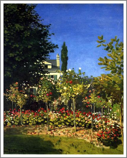 手描き 油絵 複製画 クロード・モネ「サンタドレスの花咲く庭」 F6(41.0×31.8cm)サイズ 額付き 送料無料|絵画販売のアート名画館