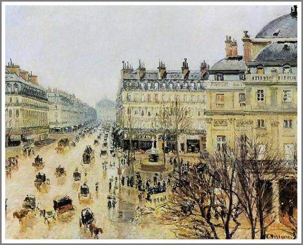 手描き 油絵 複製画　カミーユ・ピサロ「テアトル・フランセ広場～雨の効果～」 額付き 送料無料