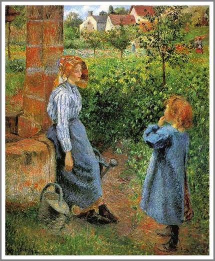 手描き 油絵 複製画　カミーユ・ピサロ「井戸端の女と子供」 額付き 送料無料