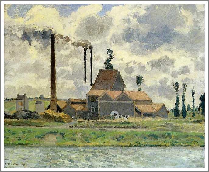 手描き 油絵 複製画 カミーユ・ピサロ「ボントワーズ近くの工場」 F6(41.0&times;31.8cm)サイズ 額付き 送料無料｜絵画販売のアート名画館