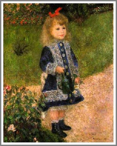 手描き 油絵 複製画　ルノアール（ルノワール）「じょうろを持つ少女（ギスカンヌ嬢）」 額付き 送料無料