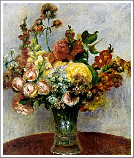 手描き 油絵 複製画　ルノアール（ルノワール）「花瓶の花２」 額付き 送料無料