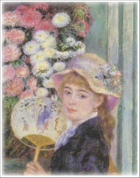 手描き 油絵 複製画　ルノアール（ルノワール）「団扇を持つ少女」 額付き 送料無料