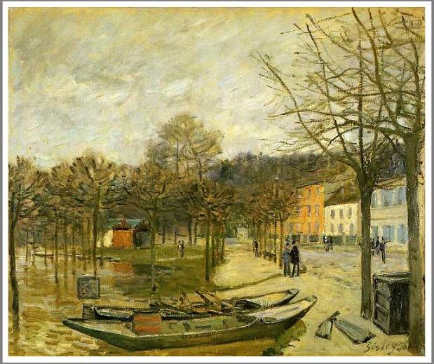 手描き 油絵 複製画　アルフレッド・シスレー「ポール・マルリの洪水」額付き 送料無料 42,042円