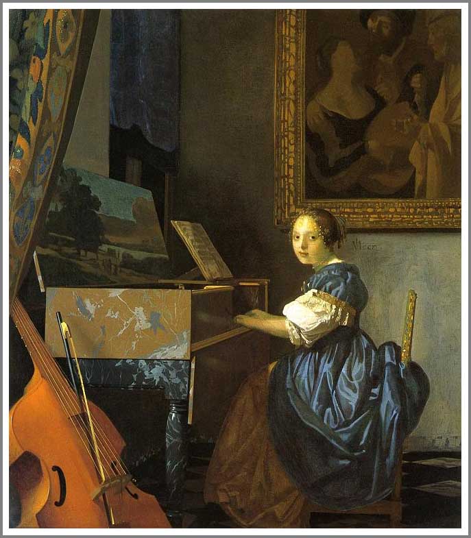 手描き 油絵 複製画 模写 ヨハネス・フェルメール「ヴァージナルの前に座る女性」 F20(72.7&times;60.6cm)サイズ 額付き 送料無料｜絵画販売のアート名画館