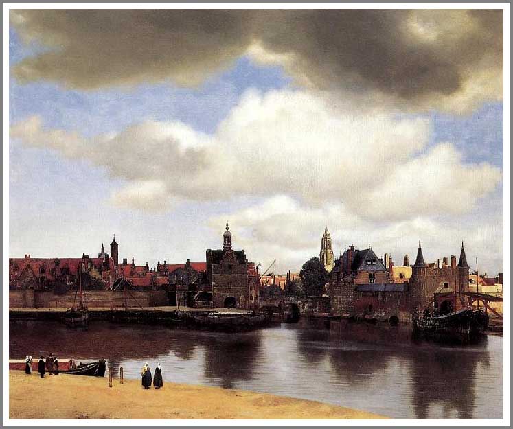 手描き 油絵 複製画 ヨハネス・フェルメール「デルフトの眺望」 F8(45.5×38.0cm) サイズ 額付き 送料無料