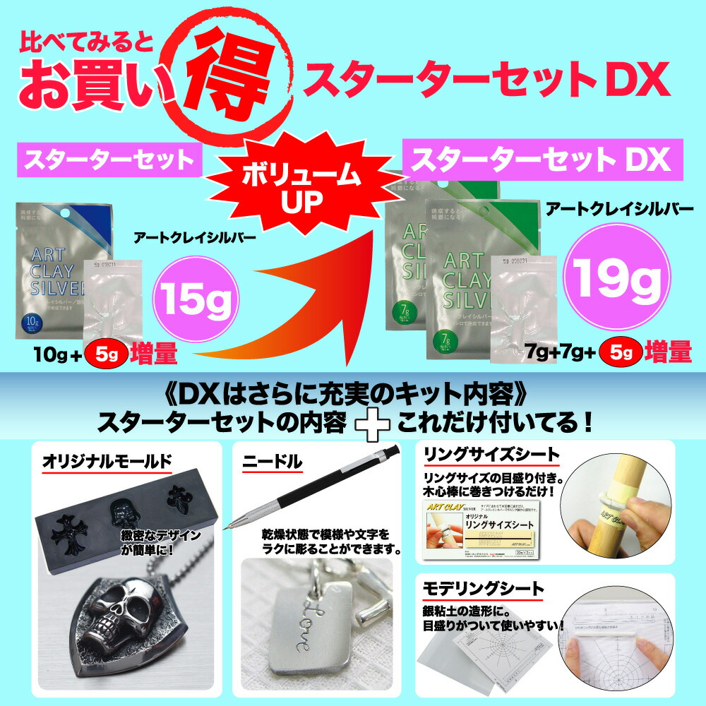 楽天市場 アートクレイシルバースターターセットdx 銀粘土5ｇ増量 純銀粘土 シルバー アクセサリー 手作り キット クレイ ギフト ペアリング クラフト 銀細工 手づくり オリジナル ジュエリー アートクレイ通販ｃｌｕｂ