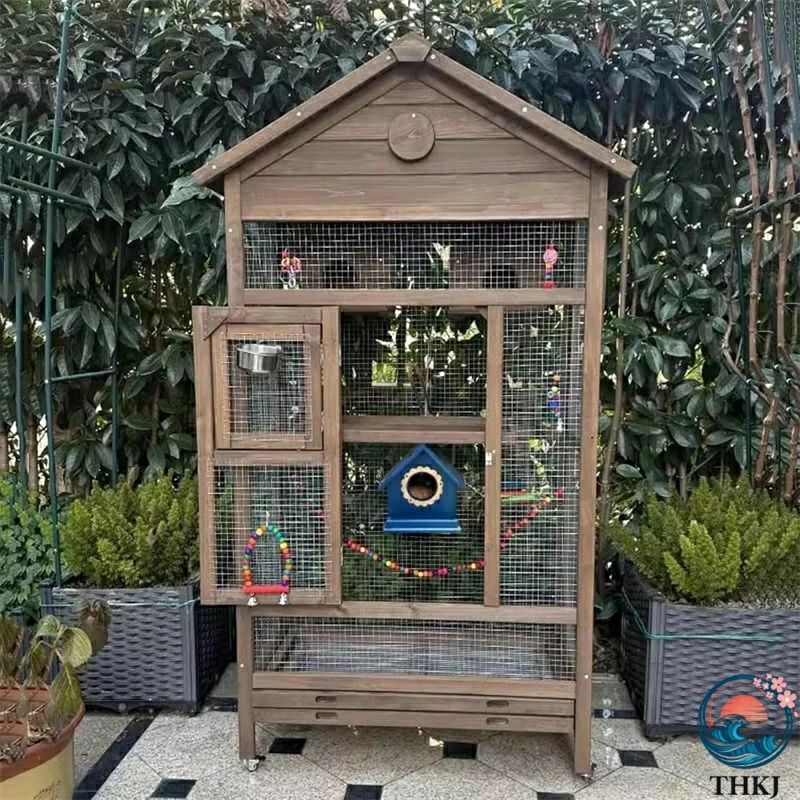 インコ 屋外 木製 鳥かご トリカゴ セキセイインコ 鳥籠 大型 防風カバー 取り外し可能な底トレイ サイレントユニバーサルキャスター付き 鳥小屋 文鳥 鳥 フィンチ インコ用｜アルテ雑貨