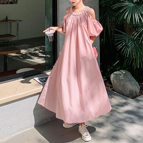 レディース ワンピース ロングワンピース ミモレ丈ワンピース ミモレ丈 オープンショルダー プルオーバー ラウンドネック 無地 膝下 袖なし フレア  Aライン パフスリーブ ハイウエスト エレガント ガーリー フェミニン 上品 きれいめ ピンク お洒落 春夏 春 夏 ママ