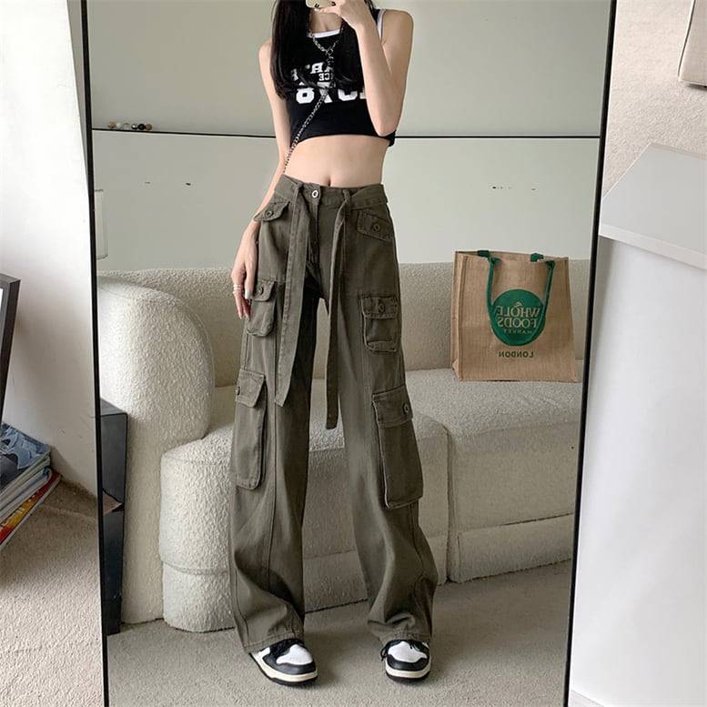 レディース ミリタリーカーゴパンツ ボトムス パンツ カーゴパンツ ワイドパンツ ポケット付き ウエスト紐 ロングパンツ 無地 モスグリーン オシャレ 可愛い キレイめ 上品 フェミニン ハンサム マニッシュ カジュアル スポーティ 春 夏 秋 デイリー おでかけ 公園コーデ