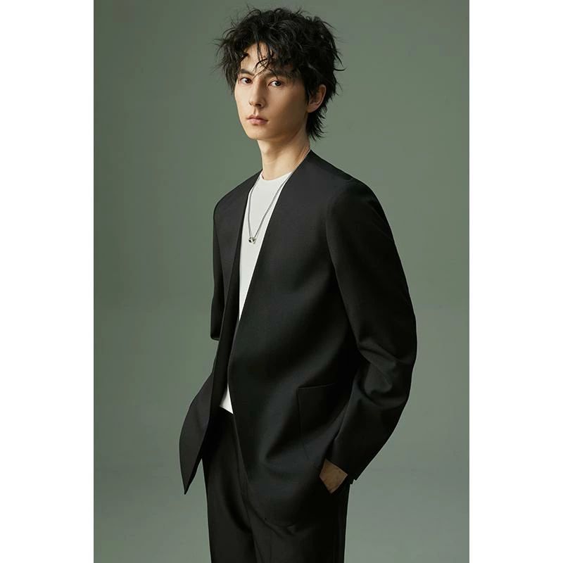 メンズ 襟なし きれいめ カジュアル レトロ ジャケット ノーカラー シンプル 無地 ゆったり 長袖 大きいサイズ 春 黒 オフィス Vネック 通気性 シワになりにくい