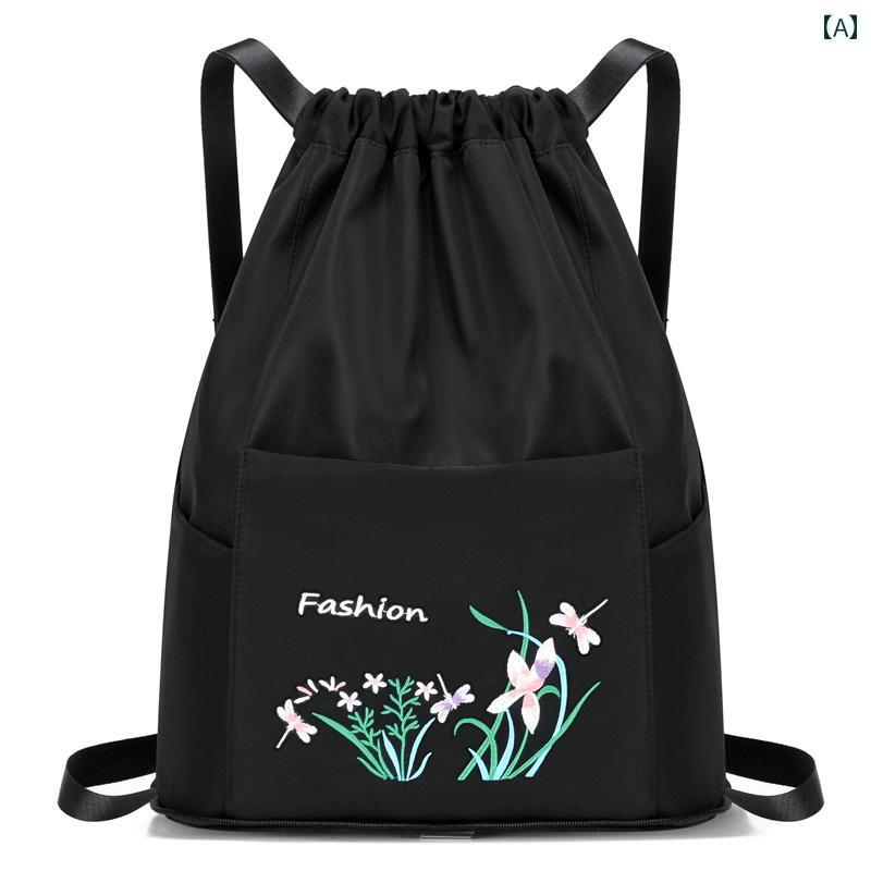 ナップサック スポーツ 巾着 バッグ パック 大容量 ポケット 乾湿 分離 トレーニング 刺繍 トラベル 折りたたみ 収納 ブラック パープル ブルー