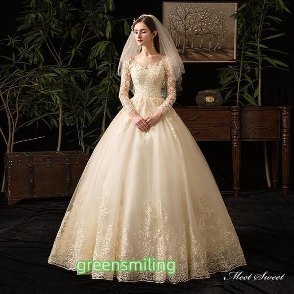 ウェディングドレス ロングドレス プリンセスラインドレス 長袖 二次会 結婚式 前撮り 花嫁 ウエディングドレス サテン 大きいサイズ 挙式 ブライダル