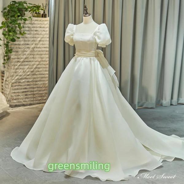 ウェディングドレス ロングドレス Aラインドレス パフスリーブ オーガンジー 半袖 可愛い 二次会 結婚式 前撮り ブライダル 花嫁 ウエディングドレス｜アルテ雑貨