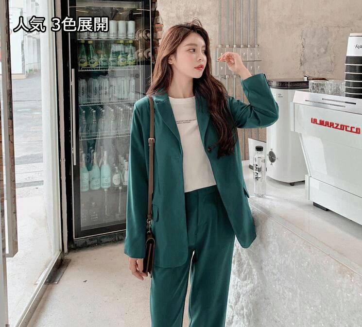 割引大特価 ３色 2点セット 上下セット パンツスーツ ブレザー ジャケット＋パンツ ビジネス 20代30代40代 通勤 OL 着痩せ キャバ レディーススーツ 春夏秋 S～XLママスーツ 入学式 普段着 カジュアル テーラード ゆったり 体型カバー 無地 コーヒー ベージュ グリーン 緑