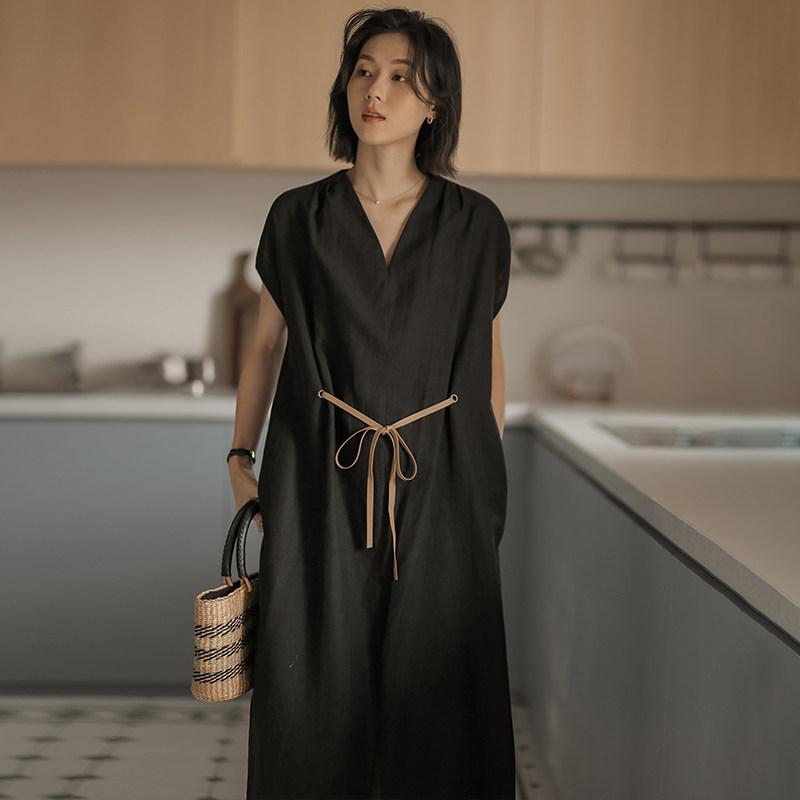 ワンピース レディース 夏 無袖 ストレート ゆったり ウエストシェイプ リネン 麻素材 カジュアル 普段使い 軽量 通気性 吸湿速乾 韓国スタイル アーティスティック