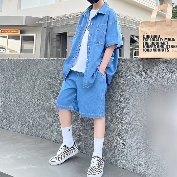 小学生 男の子 セットアップ デニム シャツ パンツ 2点セット 春夏 パンツスーツ 通学 ダンス ストリート ヒップホップ 韓国 子ども 子供服 キッズ ジュニア ファッション 16361