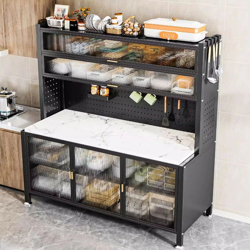 【高機能】キッチンラック レンジ台 食器棚 5段 扉付き キャビネット 幅60cm 80cm 100cm 収納棚 キッチンボード カップボード 大容量 整理棚 [レンジボード ホワイト ブラック 木目調 省スペース 組み立て式]｜アルテ雑貨