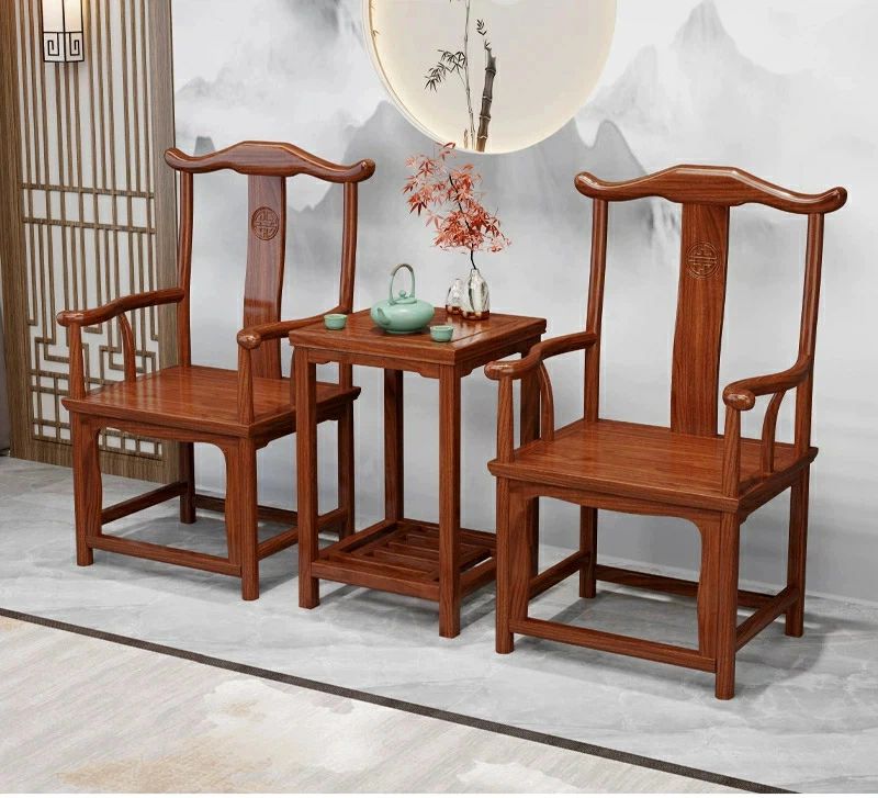 太師椅子 圈椅 3点セット 天然木 木製 椅子 セット 中国 伝統様式 チェア 肘付き アームチェア 1人掛け イス アンティーク風 和モダン アジアン インテリア 応接間 茶室 客間 無垢材 [送料無料] [ブラウン]
