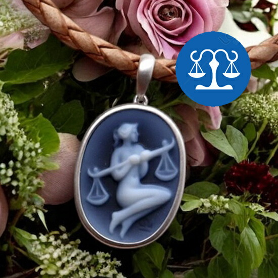 メノウカメオネックレス 天秤座 12星座 Silver ツヤ消しデザイン 上品＆高品質＆低価格 オシャレ レザーネックレス付 カメオ アクセサリー 高級 ギフト お誕生日 品質保証書/カメオデザイン手提袋付 送料無料