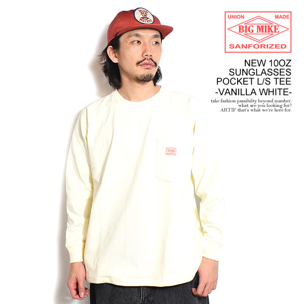 BIG MIKE ビッグマイク NEW 10OZ SUNGLASSES POCKET L/S TEE -VANILLA WHITE- メンズ Tシャツ 長袖 ロンT ポケットTシャツ 送料無料 ストリート