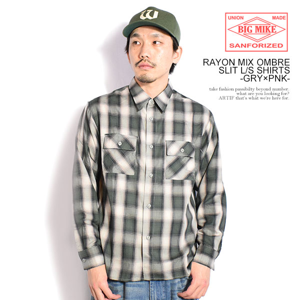 BIG MIKE ビッグマイク RAYON MIX OMBRE SLIT L/S SHIRTS -GRY×PNK- メンズ シャツ 長袖 チェックシャツ レーヨンシャツ 送料無料 ストリート