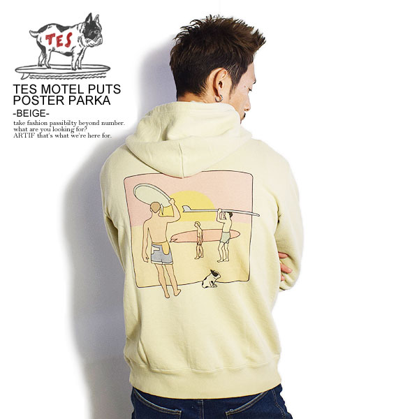 古典 パーカー パーカー メンズ 冬 秋 Beige Parka Poster Puts Motel Tes エンドレスサマー Summer Endless The プルオーバーパーカー Tes 冬物 冬服 秋物 秋服 秋冬 西海岸 ファッション カジュアル かっこいい おしゃれ ストリート 送料無料 裏毛 スウェット