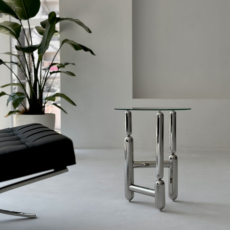 ステンレス ラウンド ガラス サイドテーブル【ART OF BLACK】