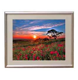 【油絵 直筆仕上げ】夕焼けの花畑 アートフレーム：色シルバー サイズ 額入りS 310×260mm 【布キャンバス・額表面保護板】 油彩 風景画 オリジナルインテリア絵画 風水画