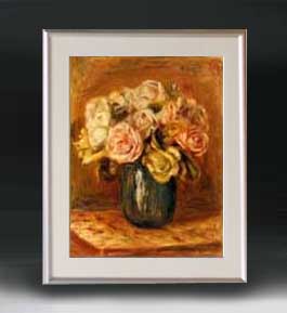 【油絵 直筆仕上げ】ルノワール Roses in a Blue Vase ばら アートフレーム サイズ 額入りM 【油彩 布キャンバス 国内生産】 絵画 販売 静物画 511×418mm 複製画 送料無料 (ルノアール)|絵画販売アートレスト