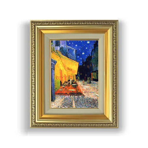 【油絵 直筆仕上げ】ゴッホ 夜のカフェテラス SMサイズ 額入り   油絵直筆仕様げ 372×303mm 額縁ガラス板 ｜ 絵画  アート インテリア 壁掛け複製画