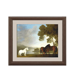 【油絵 直筆仕上げ】スタップス Two Bay Mares And A Grey Pony アートフレーム サイズ 額入りＳ：ブラウン 【油彩 布キャンバス 国内生産】 絵画 販売 風景画 321×271mm 複製画 送料無料
