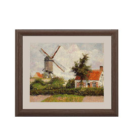 【油絵 直筆仕上げ】カミーユ・ピサロ Windmill at Knocke, Belgium アートフレーム サイズ 額入りＳ：ブラウン 【油彩 布キャンバス 国内生産】 絵画 販売 風景画 321×271mm 複製画 送料無料