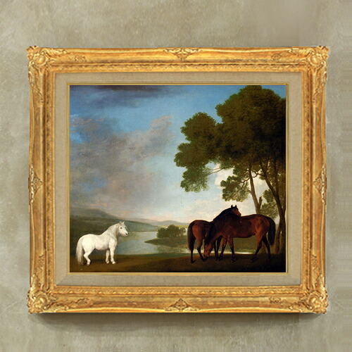 【油絵 直筆仕上げ】スタップス Two Bay Mares And A Grey Pony F10 【額入り】 絵画 販売 10号 油彩 風景画 671×597mm 複製画 送料無料 プレゼント ギフト 開店祝い 開業祝い 退職祝い 新築祝い リビング 玄関 モダン アートフレーム 壁掛け